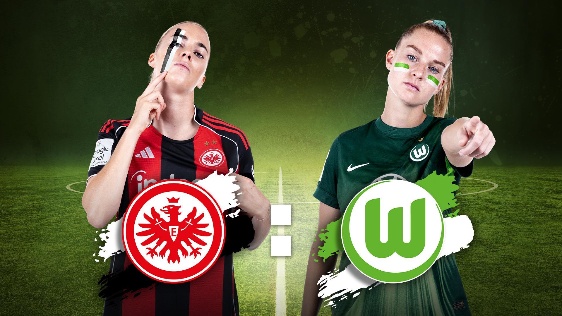 Werbegrafik mit den Spielerinnen von Eintracht Frankfurt und VfL Wolfsburg sowie Vereinslogos